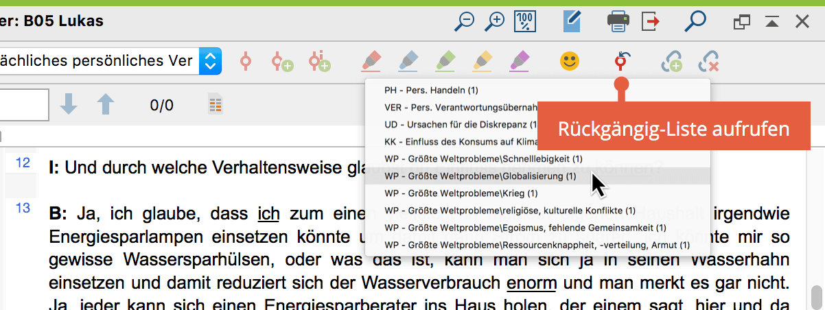 Rückgängig-Liste in der Symbolleiste „Codieren“