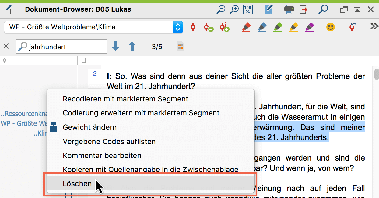 Codierung löschen im Fenster „Dokument-Browser“ Codierung löschen im Fenster „Dokument-Browser“