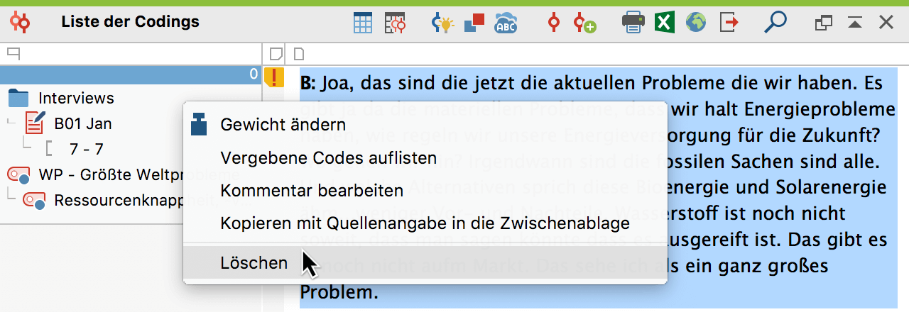 Codierung löschen im Fenster „Liste der Codings“ Codierung löschen im Fenster „Liste der Codings“