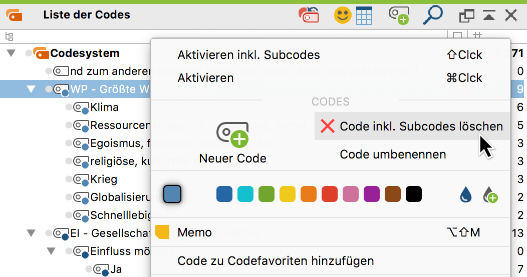 Löschen eines Codes mithilfe des Kontextmenüs Löschen eines Codes mithilfe des Kontextmenüs