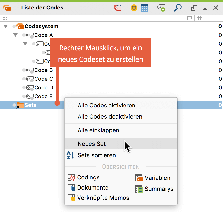 Neues Set erstellen in der „Liste der Codes“ Neues Set erstellen in der „Liste der Codes“