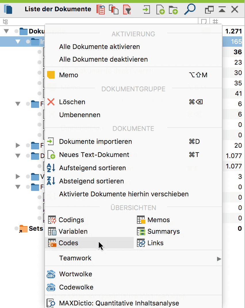 Die „Übersicht Codes“ im Kontextmenü einer Dokumentgruppe aufrufen Die „Übersicht Codes“ im Kontextmenü einer Dokumentgruppe aufrufen