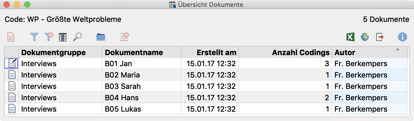 „Übersicht Dokumente“ für einen Code „Übersicht Dokumente“ für einen Code