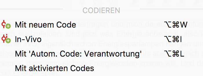 Kontextmenü mit Codierfunktionen auf einem markierten Segment Kontextmenü mit Codierfunktionen auf einem markierten Segment