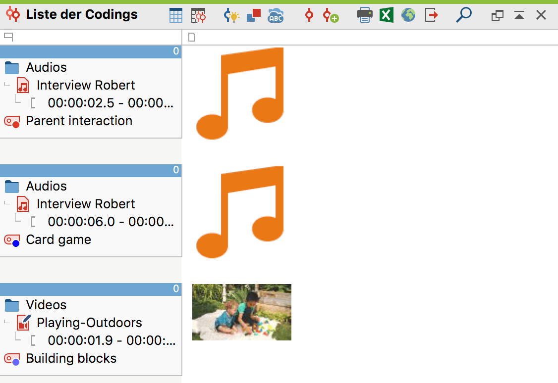 Audio- und Videoclips in der „Liste der Codings“ Audio- und Videoclip in der „Liste der Codings“