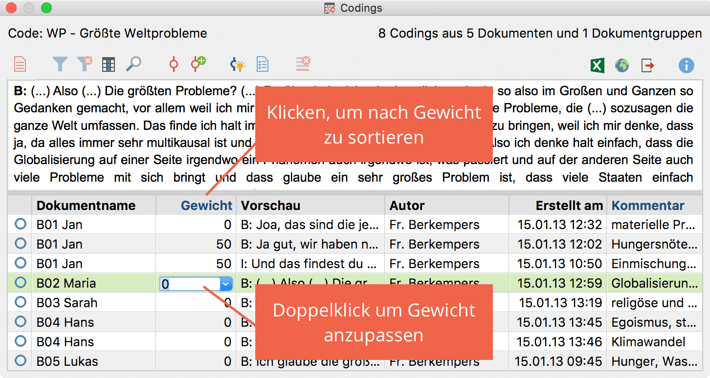 Coding-Gewicht in der „Übersicht Codings“ ändern Coding-Gewicht in der „Übersicht Codings“ ändern