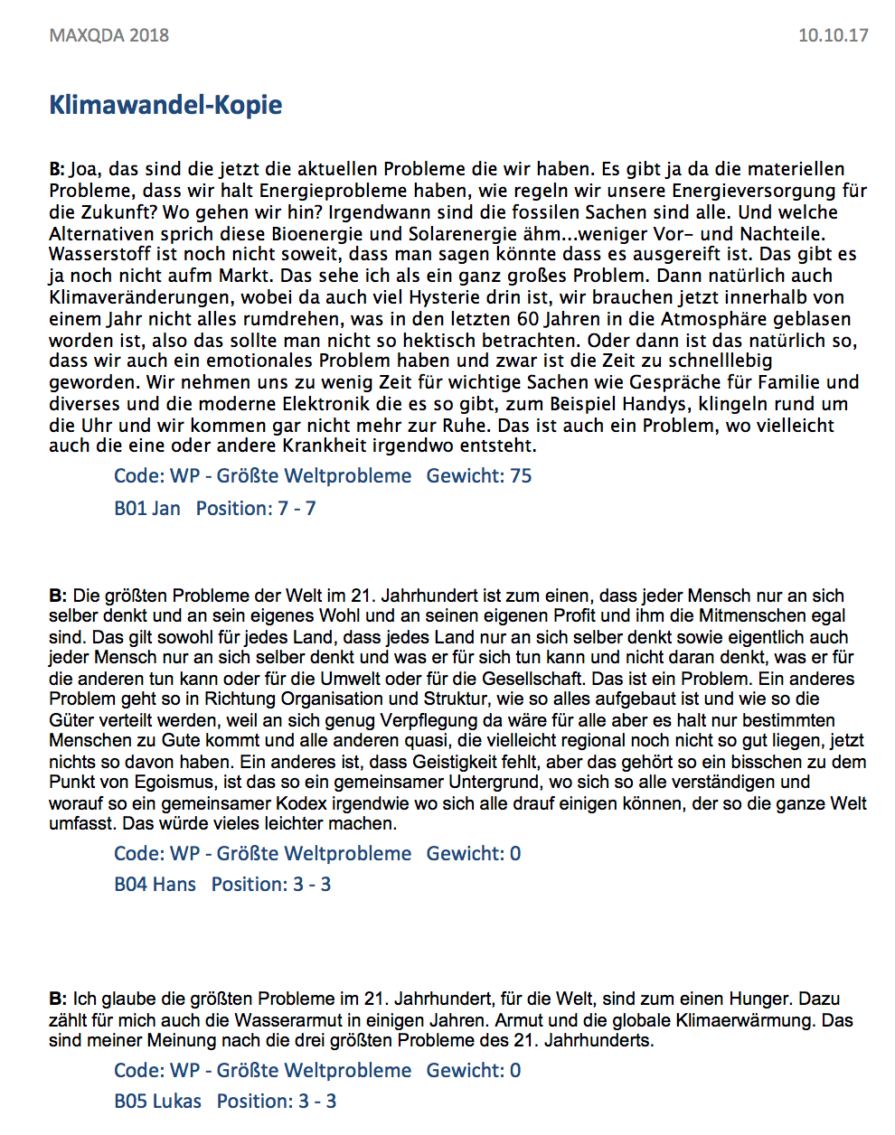 Ausdruck der „Liste der Codings“ (Auszug) Ausdruck der „Liste der Codings“ (Auszug)