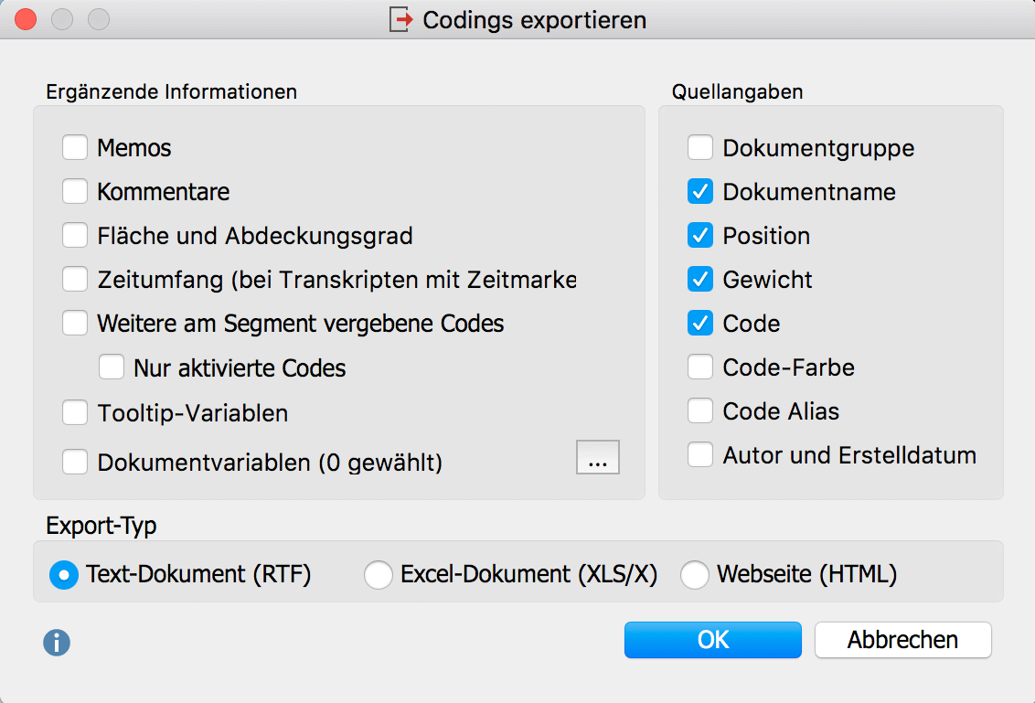 Optionen für den Export der Codings Optionen für den Export der Codings