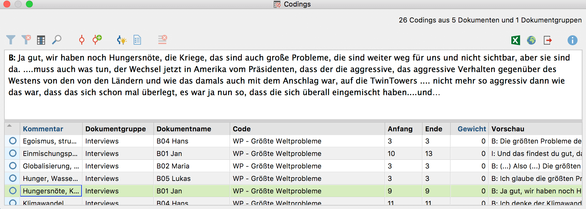 Das zweigeteilte Fenster der „Übersicht Codings“ Das zweigeteilte Fenster der „Übersicht Codings“