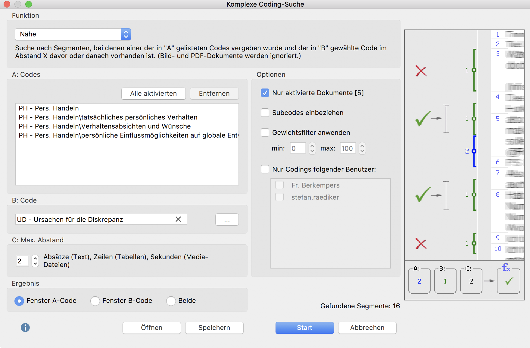 Dialogfenster für die komplexe Coding-Suche Dialogfenster für die komplexe Coding-Suche