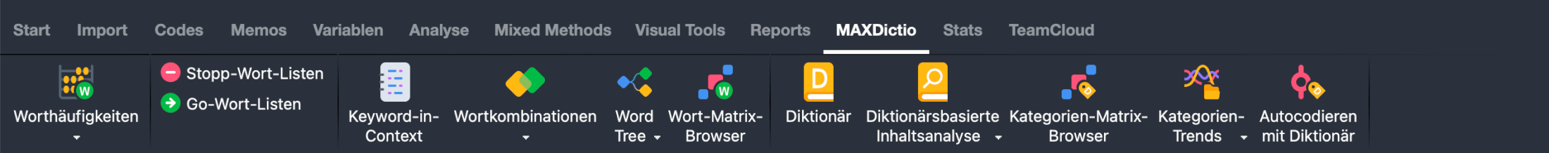 Der Tab “MAXDictio“ im Menüband von MAXQDA Der Tab “MAXDictio“ im Menüband von MAXQDA