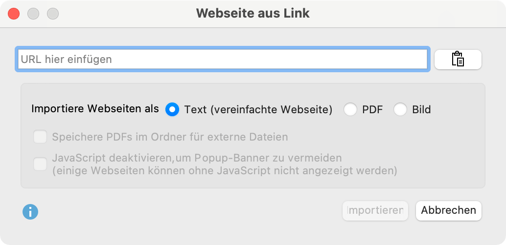Dialog für den Import einer Webseite per Link Dialog für den Import einer Webseite per Link