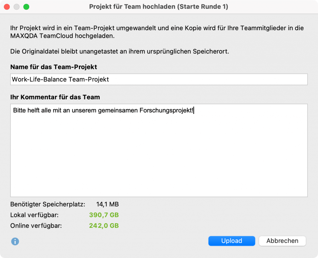 Upload-Dialog zum Benennen des Team-Projekts mit Kommentarfunktion