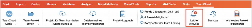 Benachrichtigung über neue Aktivitäten im TeamCloud-Menü