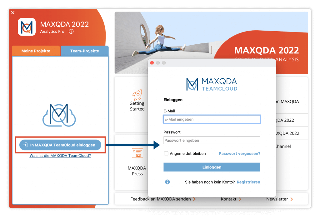 Anmeldedialog im MAXQDA Startfenster zum Einloggen in die TeamCloud Anmeldedialog im MAXQDA Startfenster zum Einloggen in die TeamCloud