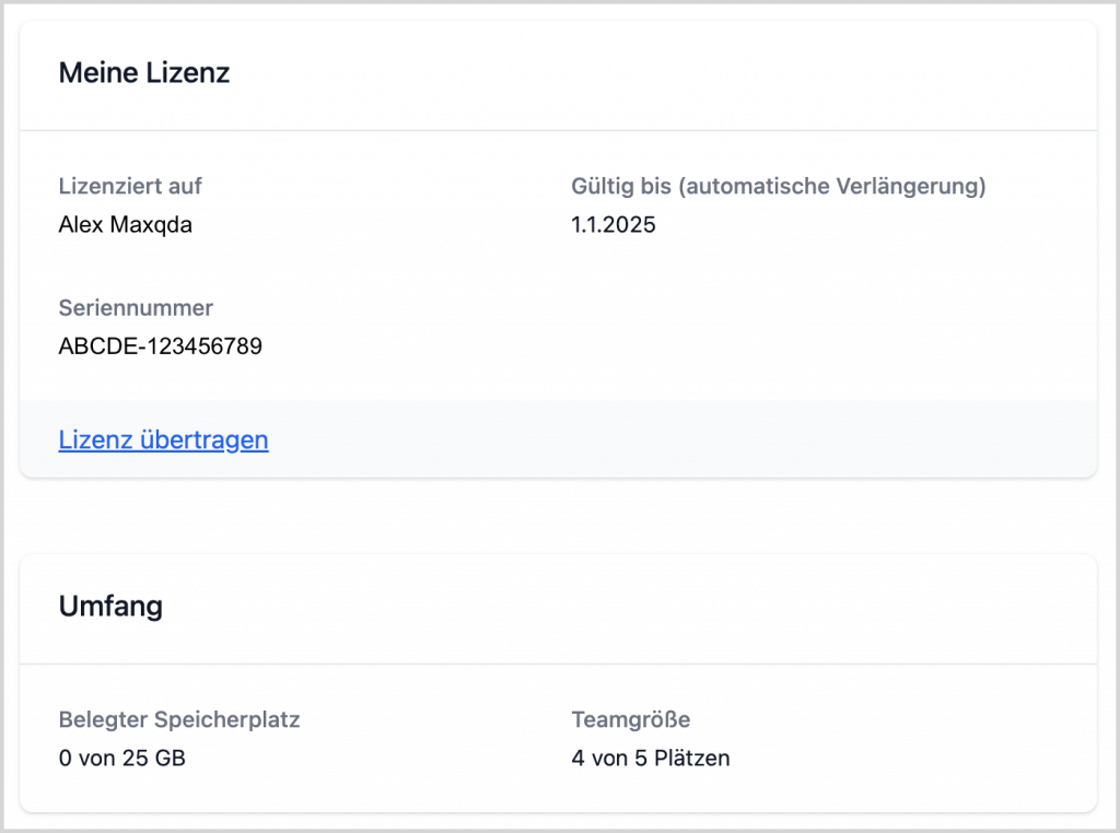 Details zur MAXQDA TeamCloud-Lizenz in den Einstellungen der Team-Leitung Details zur MAXQDA TeamCloud-Lizenz in den Einstellungen der Team-Leitung