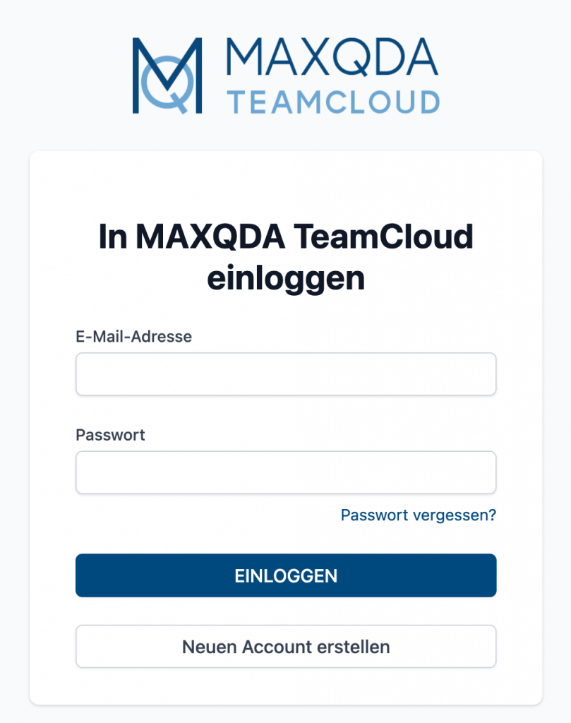 Anmeldedialog auf der MAXQDA TeamCloud-Webseite Anmeldedialog auf der MAXQDA TeamCloud-Webseite