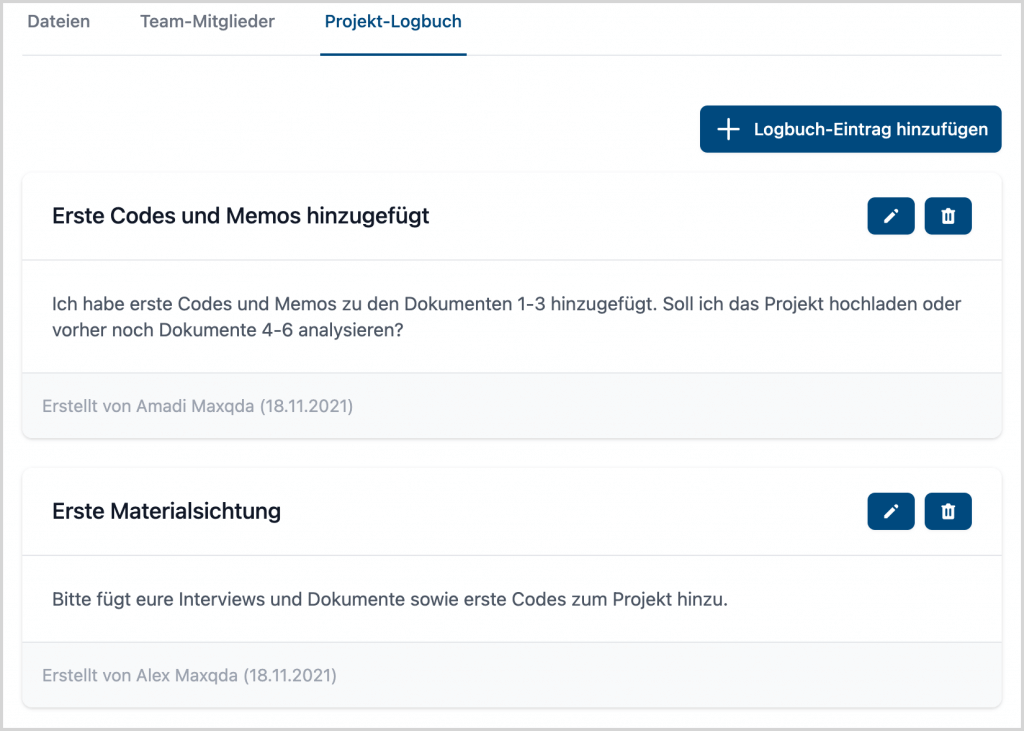 Das Projekt-Logbuch auf der MAXQDA TeamCloud-Webseite Das Projekt-Logbuch auf der MAXQDA TeamCloud-Webseite