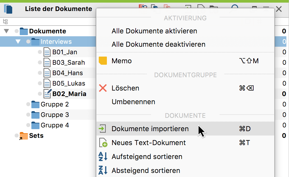Dokument einfügen mit Hilfe des Kontextmenüs einer Dokumentgruppe