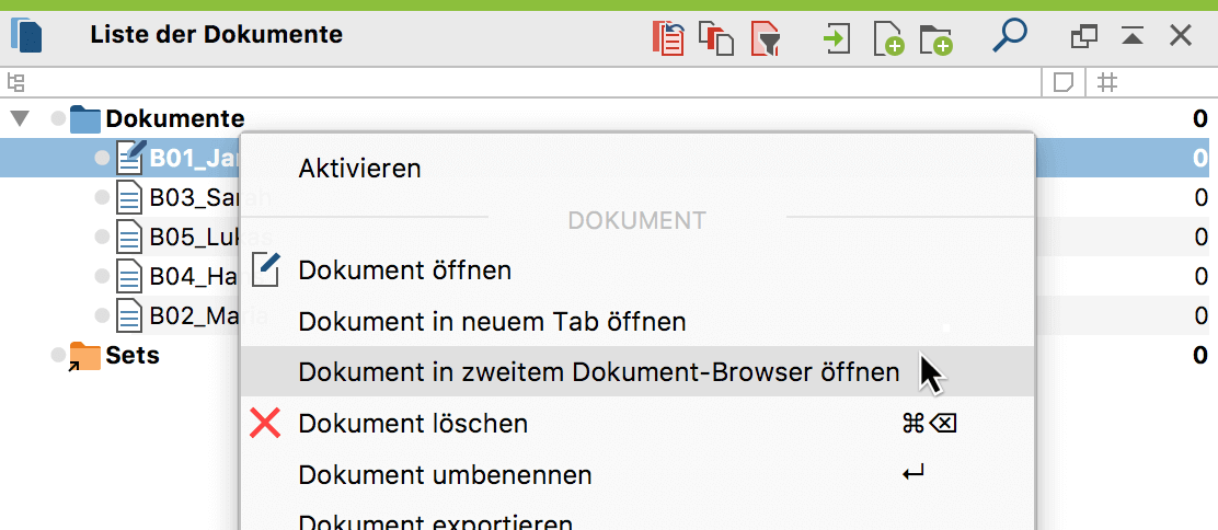 Dokument im zweiten Dokument-Browser öffnen Dokument im zweiten Dokument-Browser öffnen