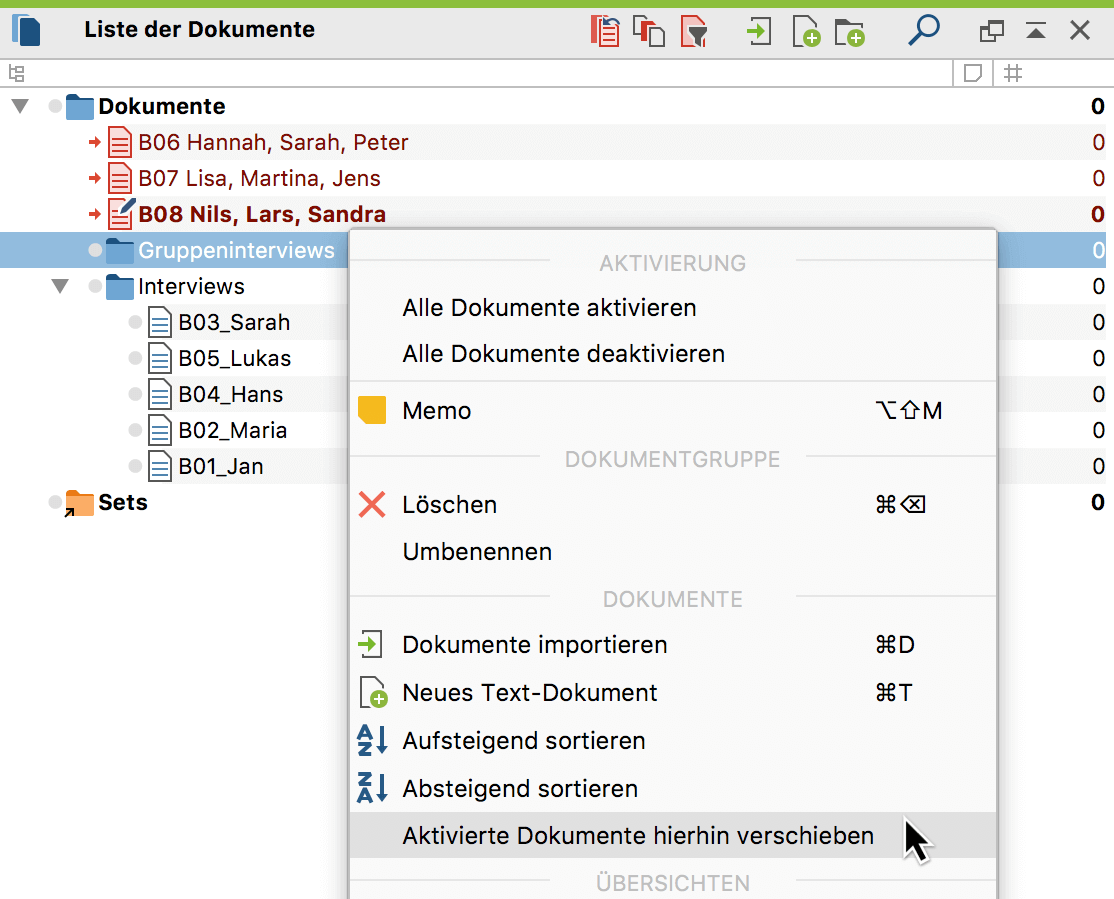 Alle aktivierten Dokumente auf einmal in eine Dokumentgruppe verschieben