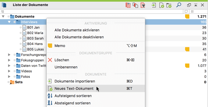 Neuen Text erstellen mit Hilfe des Kontextmenüs einer Dokumentgruppe Neuen Text erstellen mit Hilfe des Kontextmenüs einer Dokumentgruppe