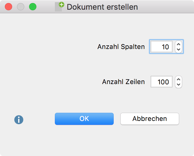 Anzahl der Spalten und Zeilen beim Erstellen einer neuen Tabelle wählen