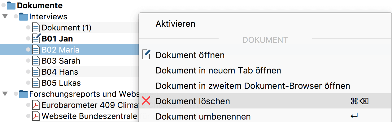 Kontextmenü für ein Dokument Kontextmenü für ein Dokument