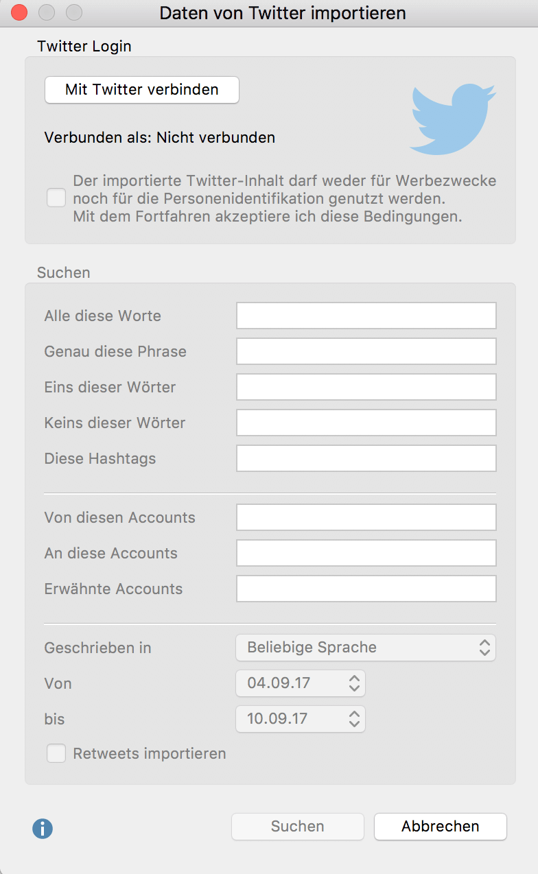 Dialog für den Twitter-Import Dialog für den Twitter-Import