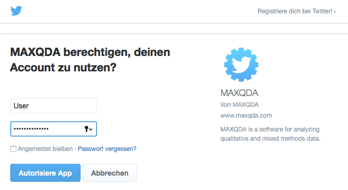 MAXQDA für Twitter autorisieren MAXQDA für Twitter autorisieren