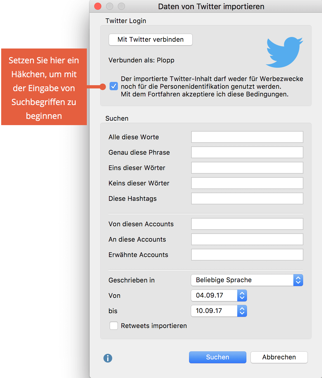 Dialog für den Twitter Import Dialog für den Twitter Import
