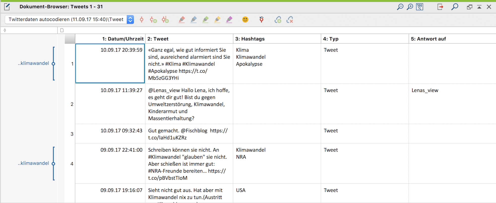 Tabellendokument mit Twitterdaten im „Dokument-Browser“ Tabellendokument mit Twitterdaten im „Dokument-Browser“