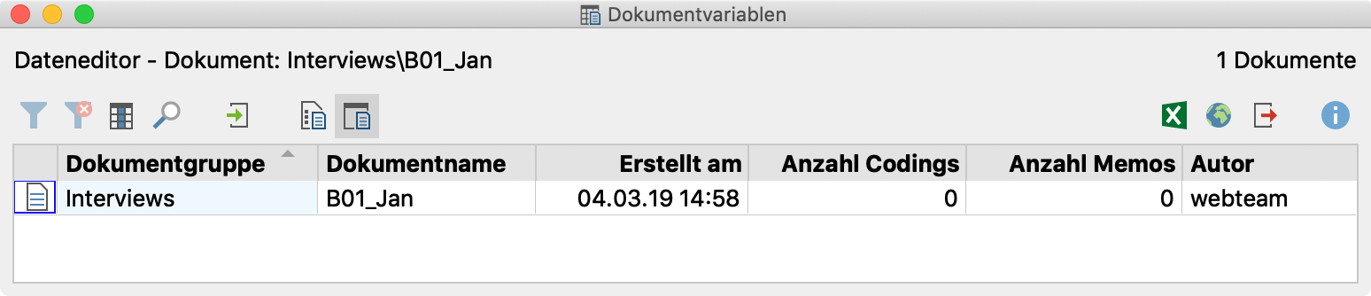 „Übersicht Variablen“ für ein frisch importiertes Dokument