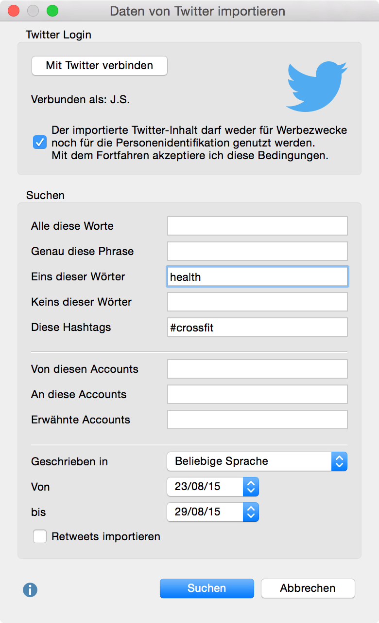 Twitter Analyse Software - MAXQDA Importfenster