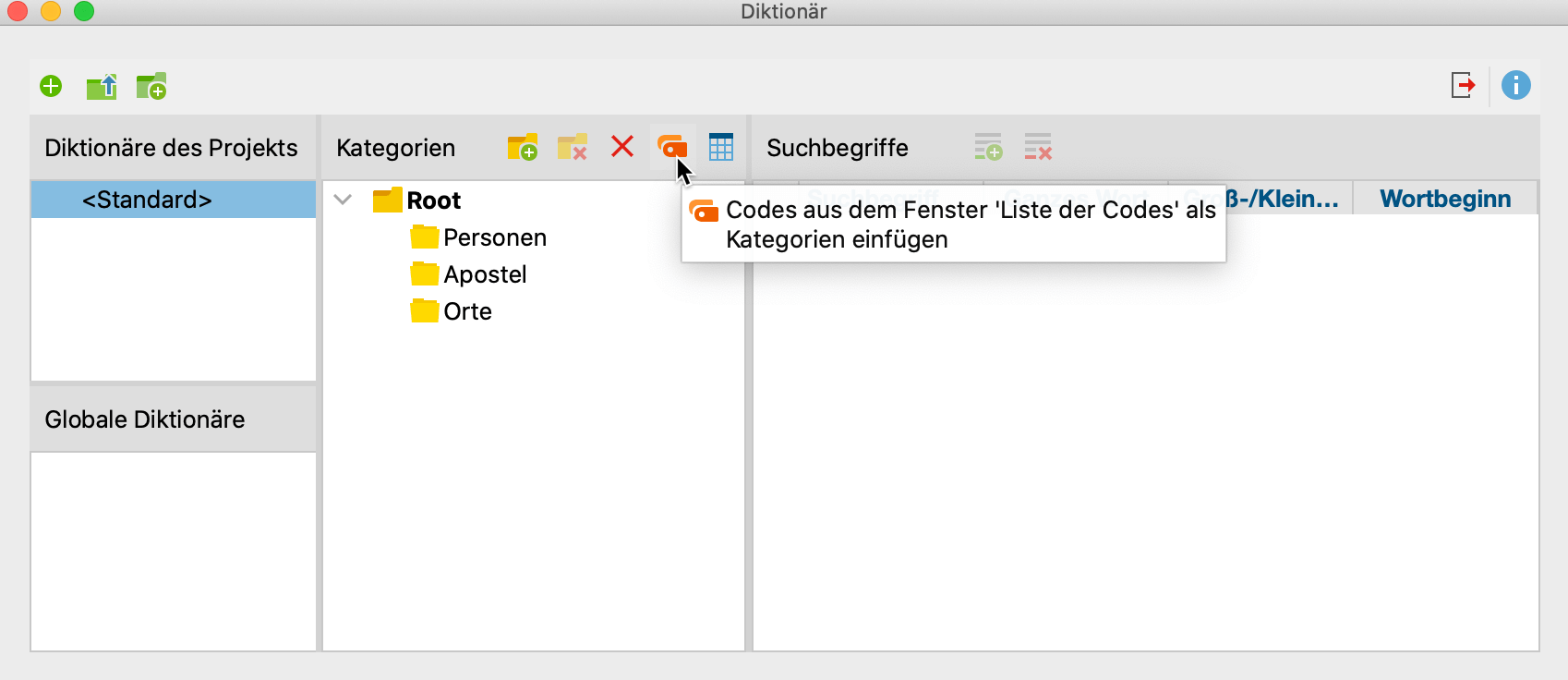 Codes aus dem Fenster „Liste der Codes“ als Kategoriennamen einfügen Codes aus dem Fenster „Liste der Codes“ als Kategoriennamen einfügen