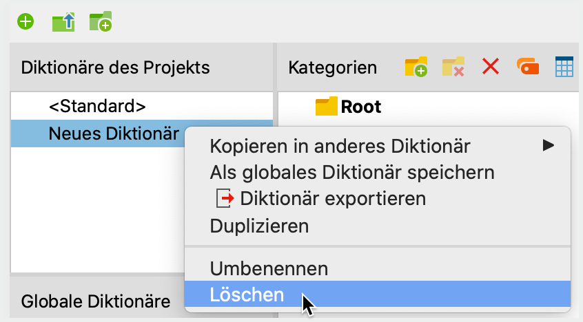 Funktionen für ein Diktionär im Kontextmenü Funktionen für ein Diktionär im Kontextmenü