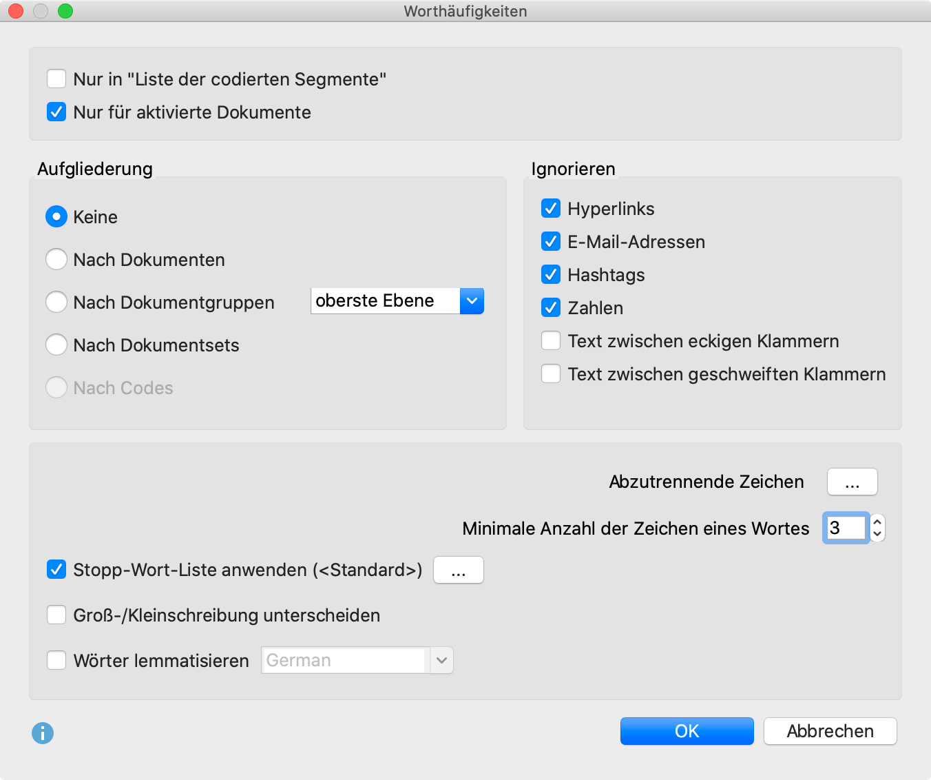 Das Dialogfenster der Funktion „Worthäufigkeiten“ Das Dialogfenster der Funktion „Worthäufigkeiten“