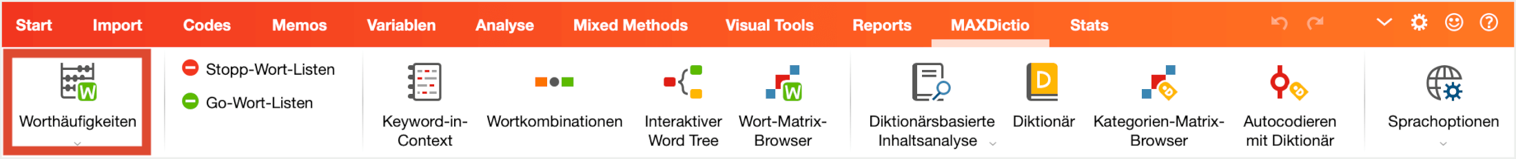 Funktion „Worthäufigkeiten“ im Tab „MAXDictio“ starten Funktion „Worthäufigkeiten“ im Tab „MAXDictio“ starten