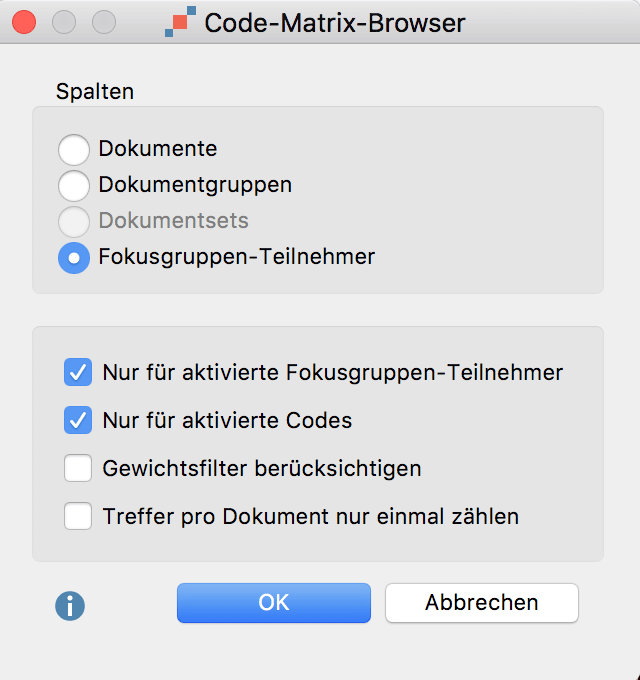 Optionen beim Aufruf des Code-Matrix-Browsers Optionen beim Aufruf des Code-Matrix-Browsers