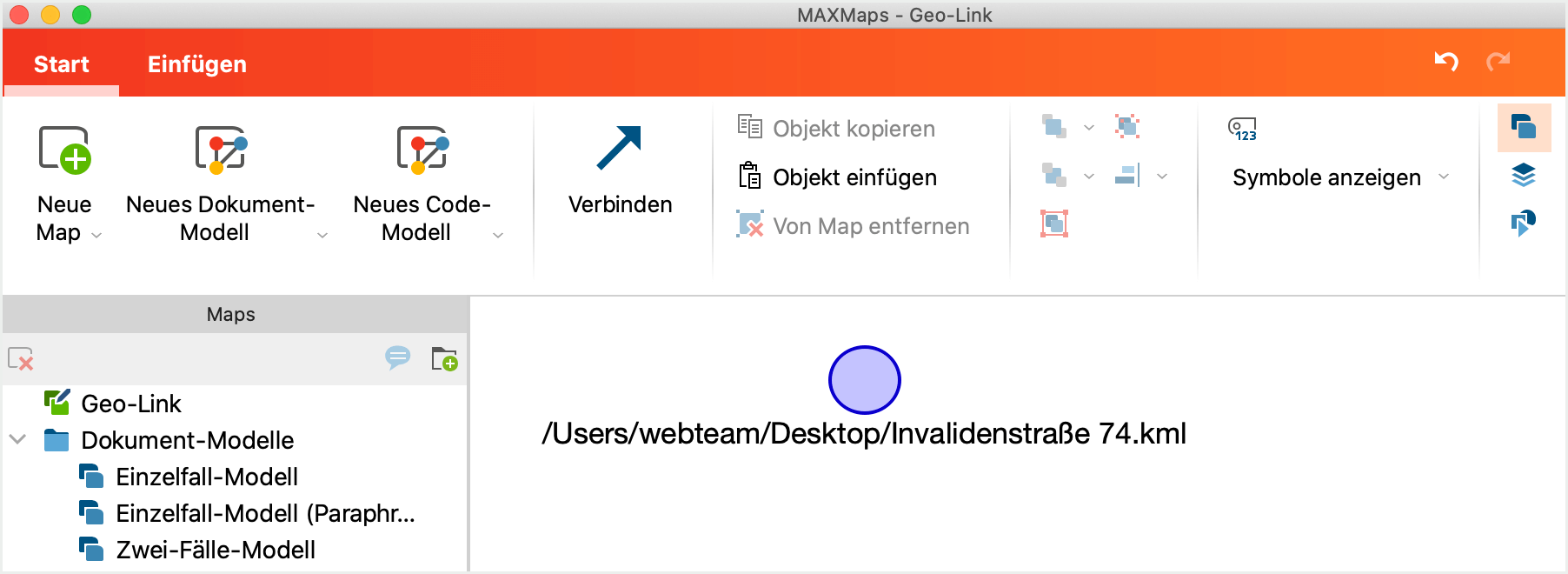 Ein neu eingefügter Geo-Link in MAXMaps Ein neu eingefügter Geo-Link in MAXMaps