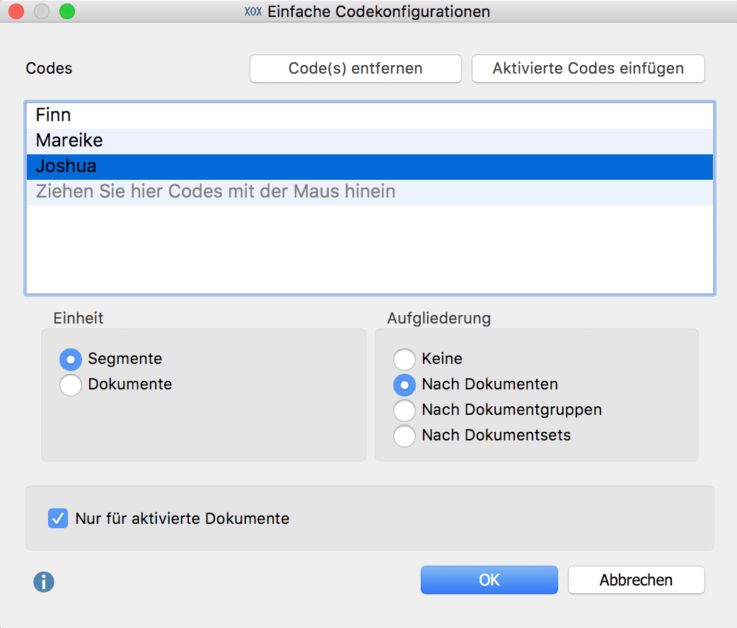 Codes für die einfachen Codekonfigurationen auswählen Einfache Codekonfigurationen: Ergebnistabelle für die Einheit „Segmente“