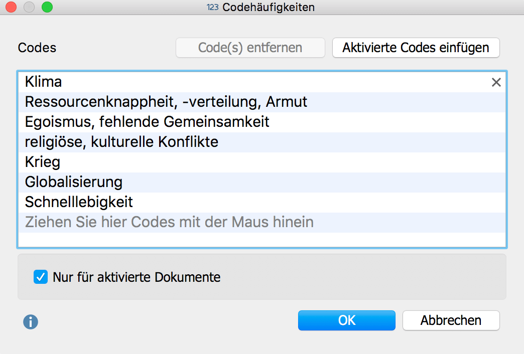 Codes für die Analyse der Codehäufigkeiten auswerten Codes für die Analyse der Codehäufigkeiten auswerten