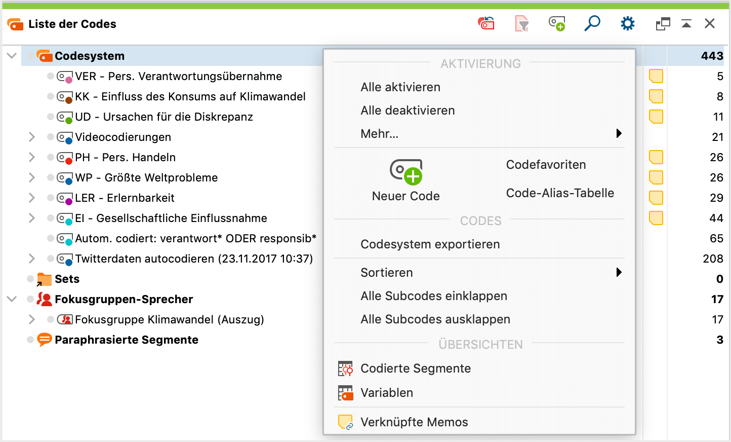 Kontextmenü für die oberste Menü des Codesystems Kontextmenü für die oberste Ebene des Codesystems