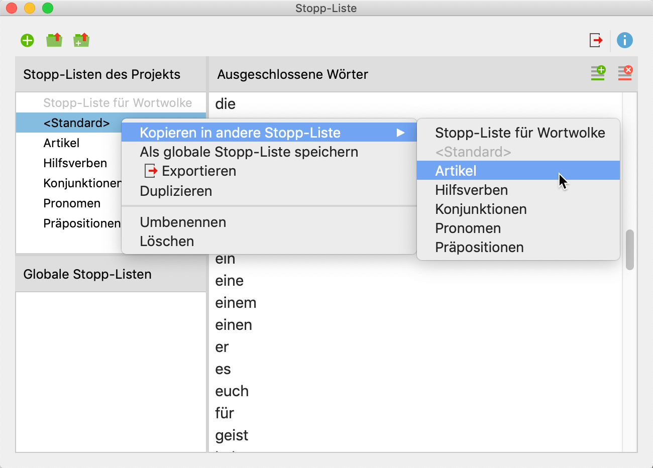 Wörter einer Stopp-Liste in eine andere Stopp-Liste kopieren Wörter einer Stopp-Liste in eine andere Stopp-Liste kopieren