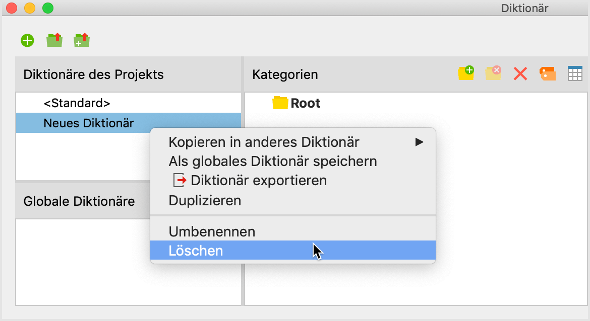 Funktionen für ein Diktionär im Kontextmenü Funktionen für ein Diktionär im Kontextmenü