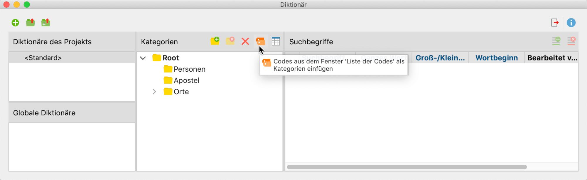 Codes aus dem Fenster „Liste der Codes“ als Kategoriennamen einfügen Codes aus dem Fenster „Liste der Codes“ als Kategoriennamen einfügen