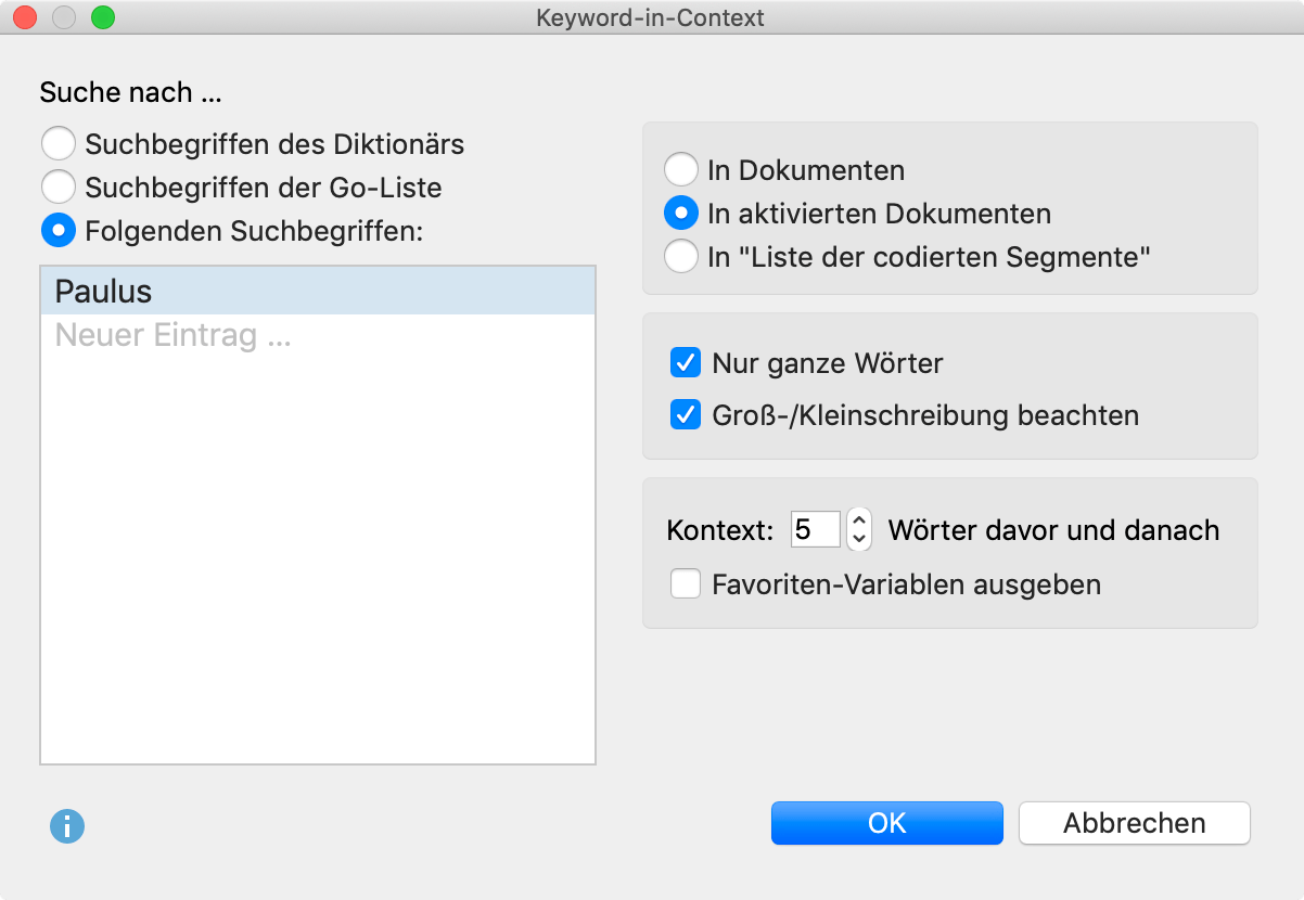 Optionen festlegen für die Suche nach Keywords