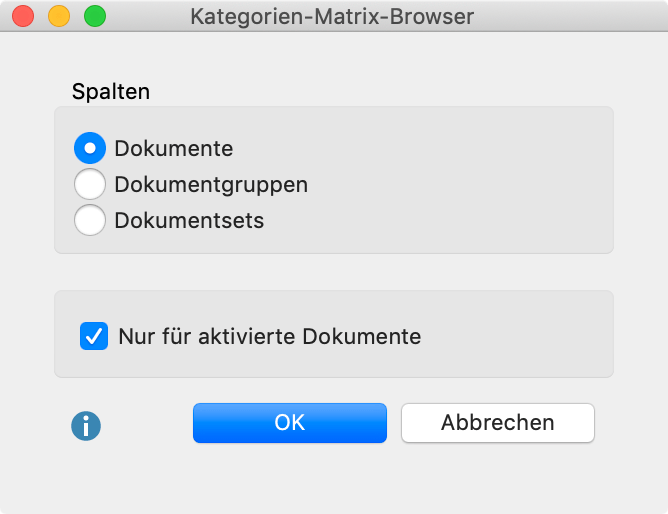 Optionen für die Erstellung des Kategorien-Matrix-Browsers Optionen für die Erstellung des Kategorien-Matrix-Browsers