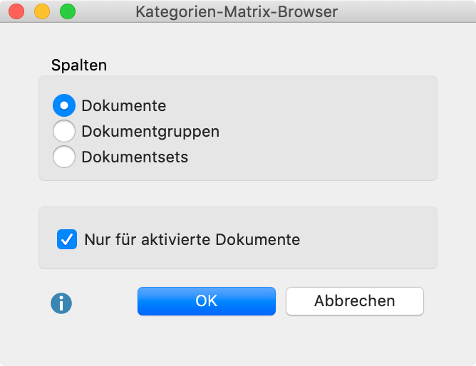 Optionen für die Erstellung des Kategorien-Matrix-Browsers