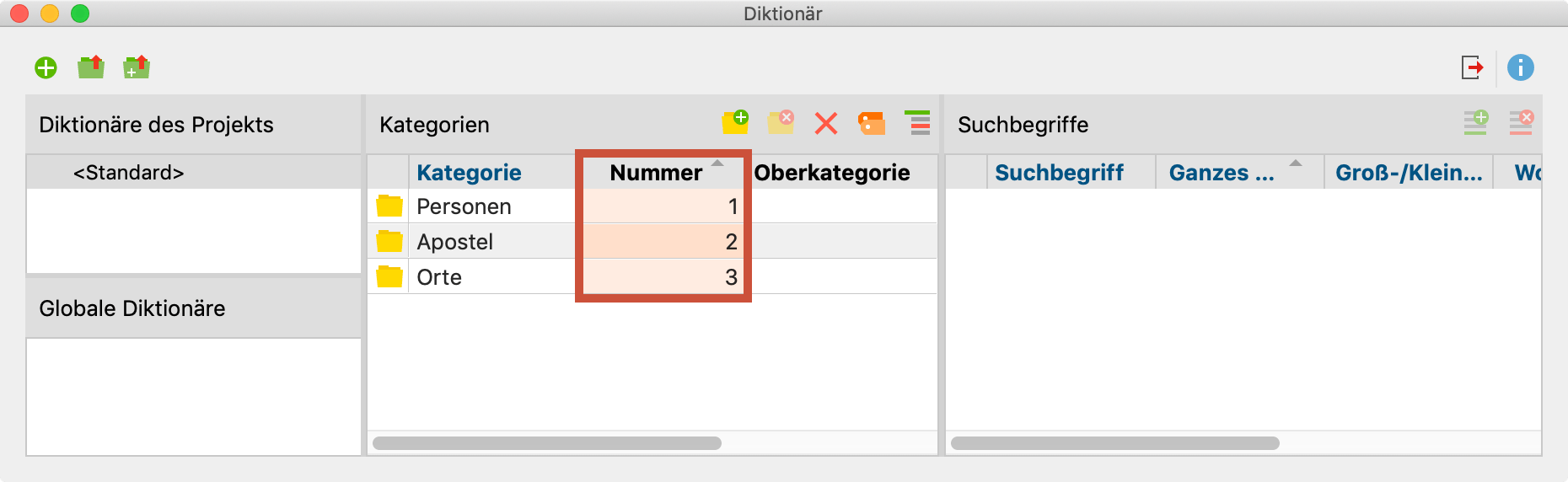 Die ID-Nummern einer Kategorie werden in der Spalte „Nummer“ angezeigt Die ID-Nummern einer Kategorie werden in der Spalte „Nummer“ angezeigt